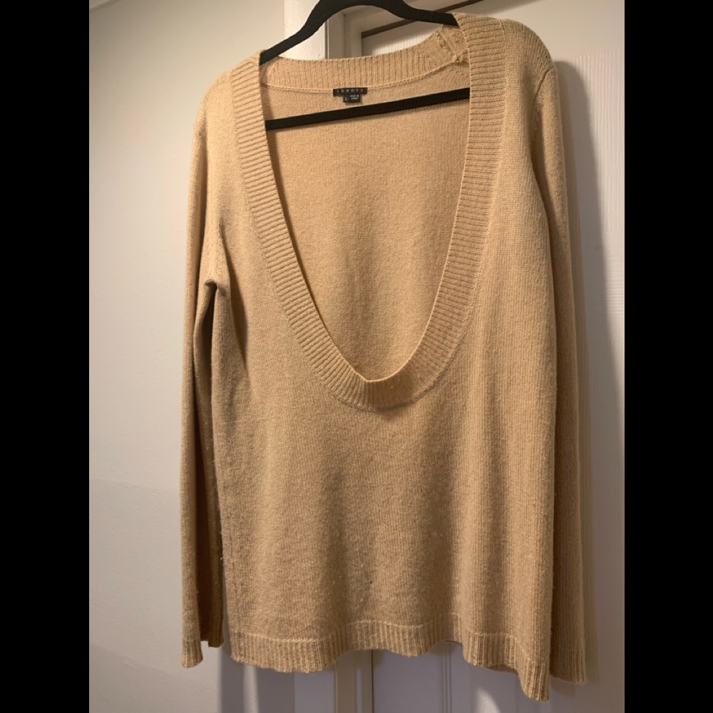 Theory 100% Cashmere Low Scoop Neck Sweater Tan Large